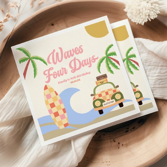 Waves Four Days Surf Pink 4th Birthday Party Napkins (Creator Uploaded)