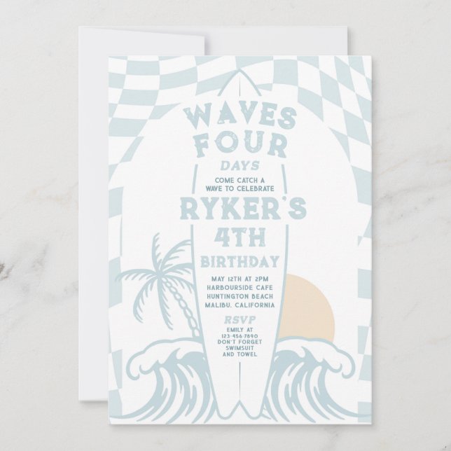 Waves Four Days Surf Surfing 4th Birthday Party Invitation (Front)