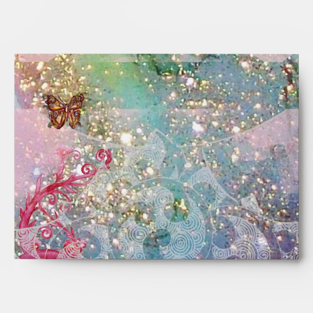 WAVES / GOLD BUTTERFLY IN BLUE SPARKLES  SWIRLS ENVELOPE (Front)