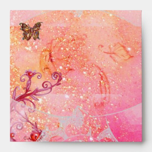 WAVES  GOLD BUTTERFLY IN PINK SPARKLES AND SWIRLS ENVELOPE
