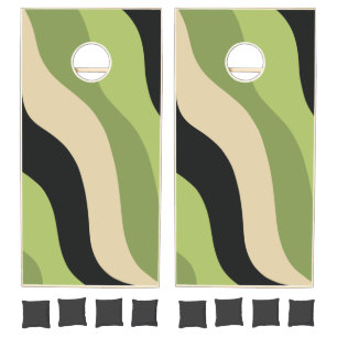 waves, green, black and beige curves colorful cornhole set