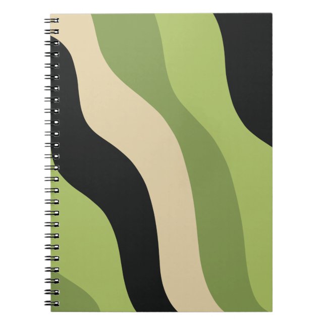waves, green, black and beige curves colorful notebook (Front)