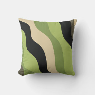 waves, green, black and beige curves colorful throw pillow