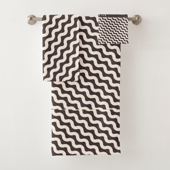 Waves Grey White Minimal Pattern Bath Towel Set (Insitu)