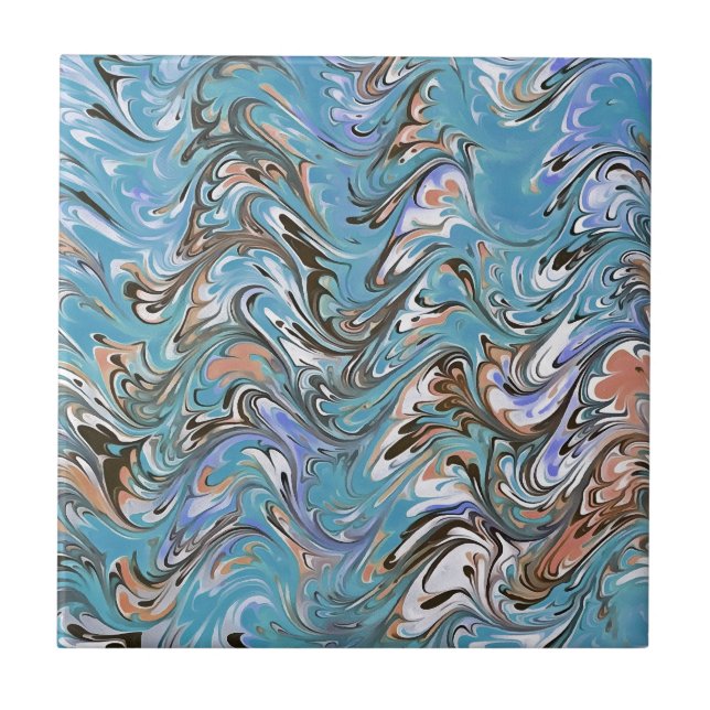 Waves In Blue Acrylic Pour Aqueous Surface Design Ceramic Tile (Front)