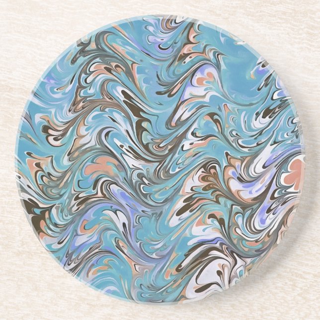 Waves In Blue Acrylic Pour Aqueous Surface Design Coaster (Front)