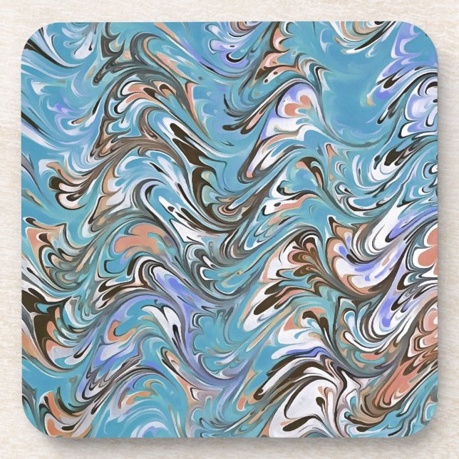 Waves In Blue Acrylic Pour Aqueous Surface Design Drink Coaster (Front)