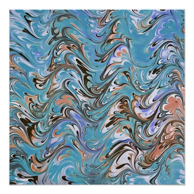 Waves In Blue Acrylic Pour Aqueous Surface Design Poster (Front)