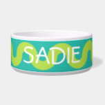 Waves in Green on Blue Personalized Bowl<br><div class="desc">A fun zigzag design like rolling waves in clear lime green on a teal blue background.  Personalize with your choice of name or special text.</div>