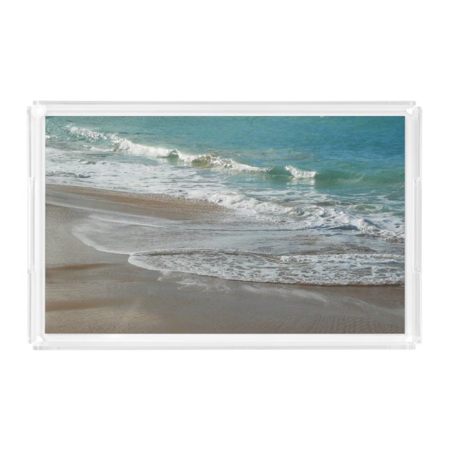 Waves Lapping on the Beach Turquoise Blue Ocean Acrylic Tray (Front)