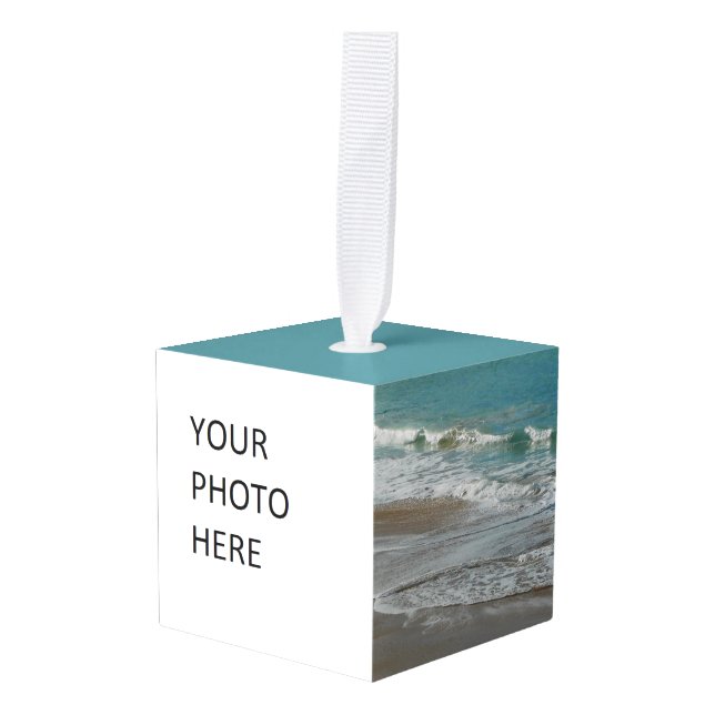 Waves Lapping on the Beach Turquoise Blue Ocean Cube Ornament (Front Angled)