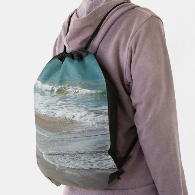 Waves Lapping on the Beach Turquoise Blue Ocean Drawstring Bag (Insitu)