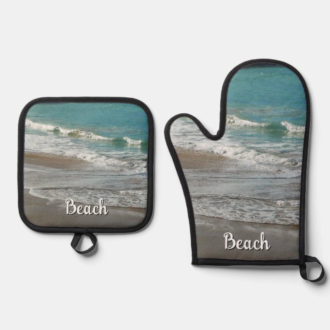 Waves Lapping on the Beach Turquoise Blue Ocean Oven Mitt & Pot Holder Set (Front)