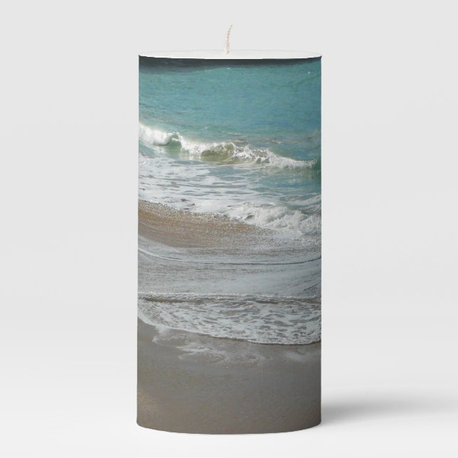Waves Lapping on the Beach Turquoise Blue Ocean Pillar Candle (Front)