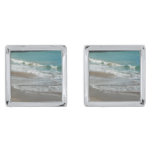 Waves Lapping on the Beach Turquoise Blue Ocean Silver Cufflinks