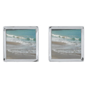Waves Lapping on the Beach Turquoise Blue Ocean Silver Cufflinks