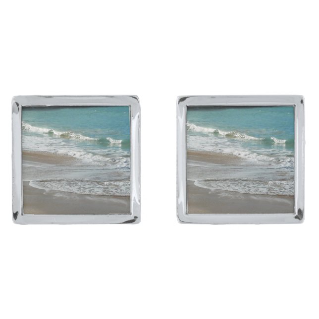 Waves Lapping on the Beach Turquoise Blue Ocean Silver Cufflinks (Front)