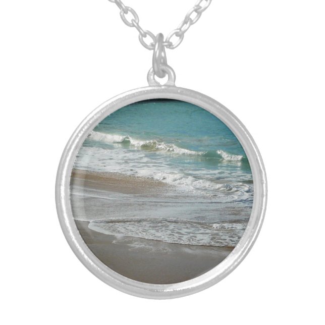 Waves Lapping on the Beach Turquoise Blue Ocean Silver Plated Necklace (Front)