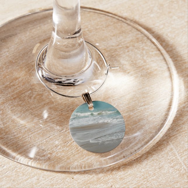 Waves Lapping on the Beach Turquoise Blue Ocean Wine Glass Charm (In Situ)