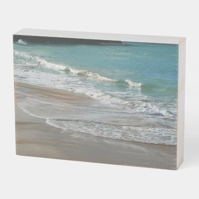 Waves Lapping on the Beach Turquoise Blue Ocean Wooden Box Sign (Angled Horizontal)