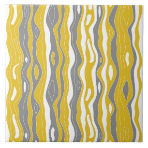 Waves, lines, mustard yellow, grey, white ceramic tile