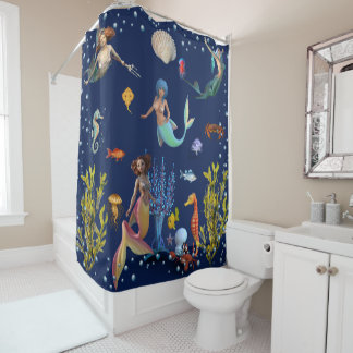 waves mermaids  drawing shower curtain