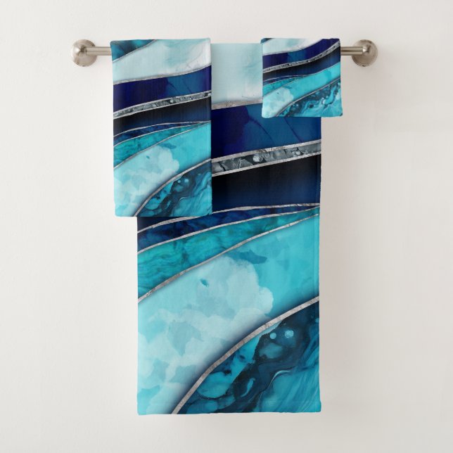Waves - Mixed Media Blue Abstract Bath Towel Set (Insitu)