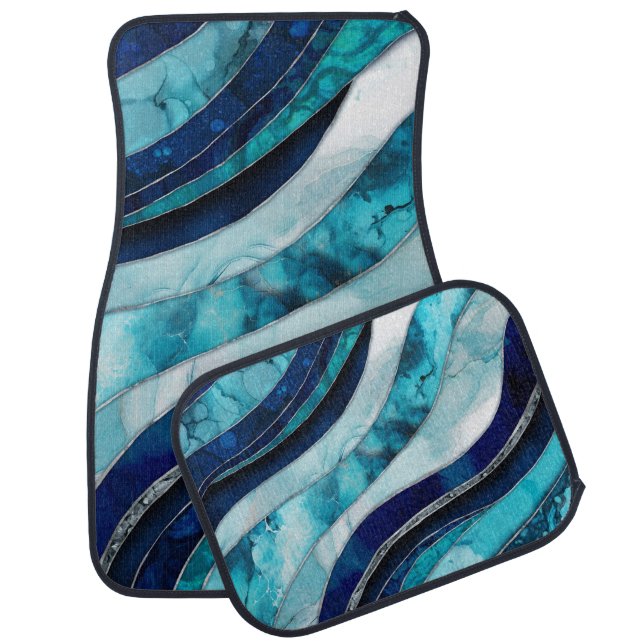Waves - Mixed Media Blue Abstract Car Floor Mat (Set)