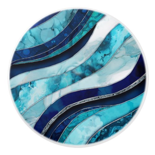 Waves _ Mixed Media Blue Abstract Ceramic Knob