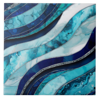 Waves - Mixed Media Blue Abstract Ceramic Tile