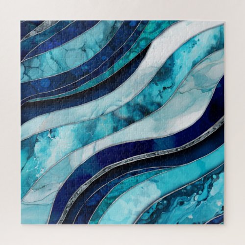 Waves _ Mixed Media Blue Abstract Jigsaw Puzzle