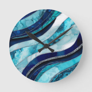 Waves - Mixed Media Blue Abstract Round Clock