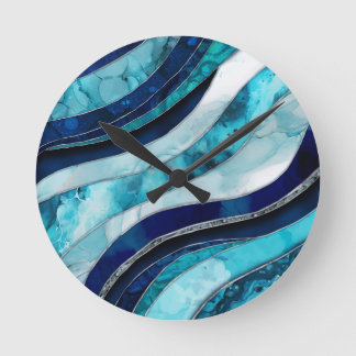 Waves - Mixed Media Blue Abstract Round Clock
