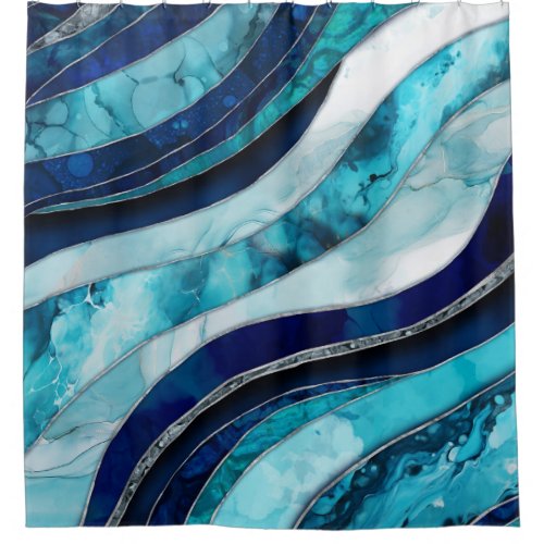 Waves _ Mixed Media Blue Abstract Shower Curtain