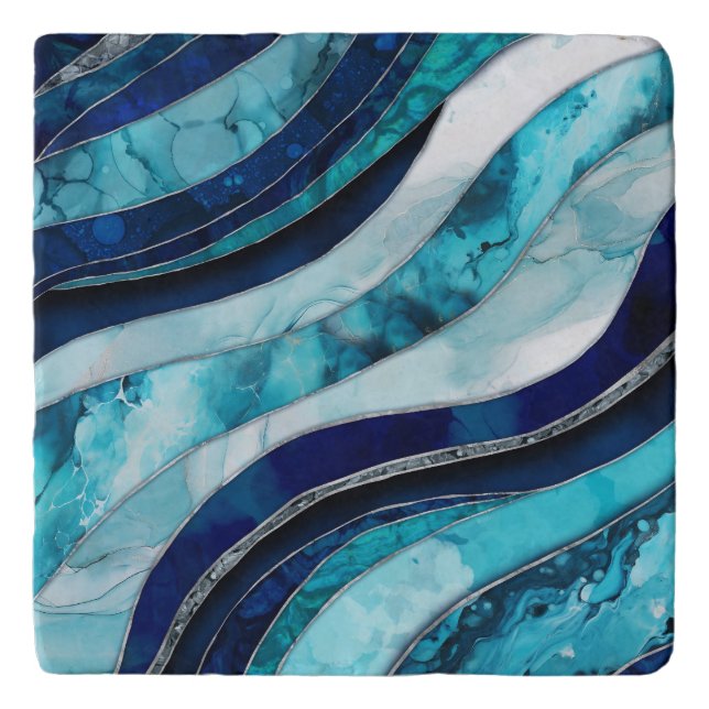 Waves - Mixed Media Blue Abstract Trivet (Front)