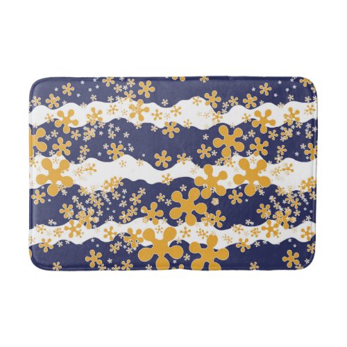 Waves navy blue mustard yellow white flower bath mat