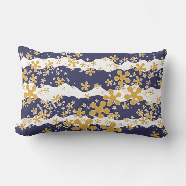 Waves, navy blue, mustard yellow, white, flower lumbar pillow (Front)