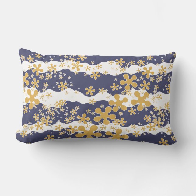 Waves, navy blue, mustard yellow, white, flower lumbar pillow (Front)