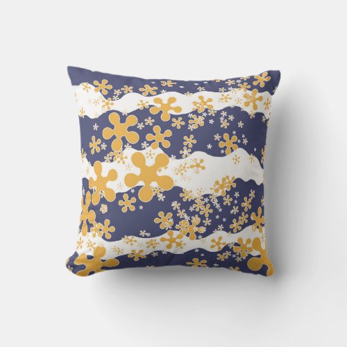 Waves navy blue mustard yellow white flower outdoor pillow