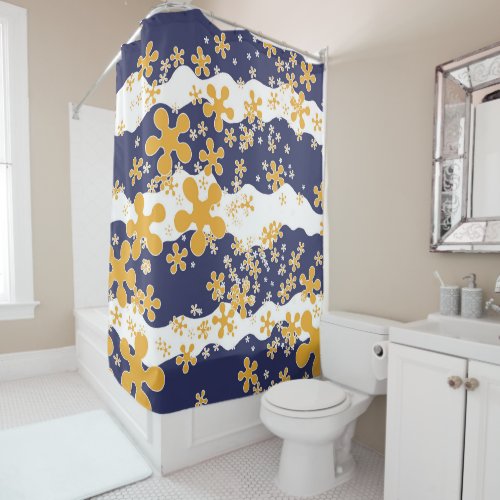 Waves navy blue mustard yellow white flower shower curtain
