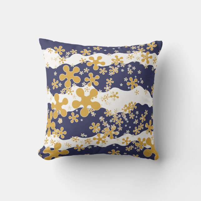 Waves, navy blue, mustard yellow, white, flower throw pillow (Front)