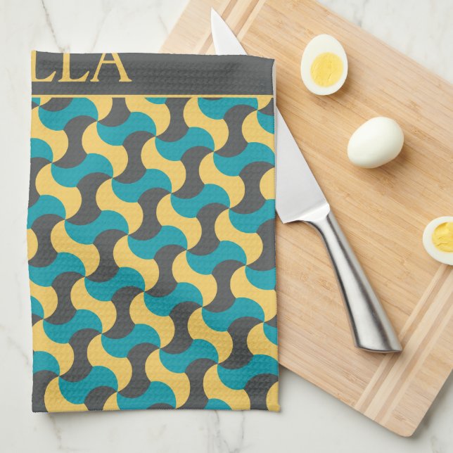 Waves Navy Yellow Minimal Pattern Kitchen Towel (Quarter Fold)