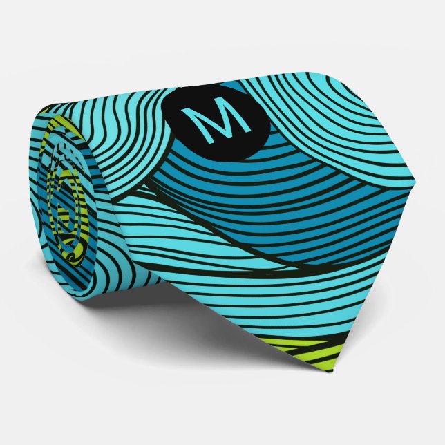 Waves of Blue and Lime Green with Monogram Neck Tie (Rolled)