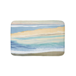 Waves of Blue Ocean Shore Beach Watercolor Bath Mat