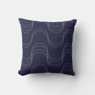 Waves of Calm Midnight Blue Silver Mist Throw Pillow