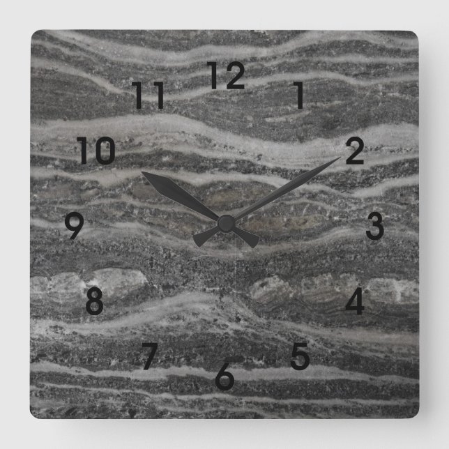Waves of Gray Marble Black Numbers Square Wall Clock (Front)