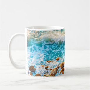 Waves on a rocky beach at sunset. Aerial viewbeach Coffee Mug