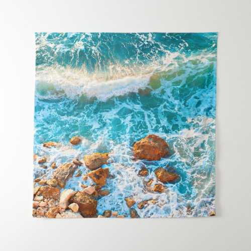 Waves on a rocky beach at sunset Aerial viewbeach Tapestry