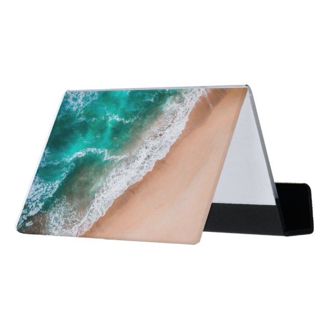 Waves on Sandy Beach  Desk Business Card Holder (Angled Back)