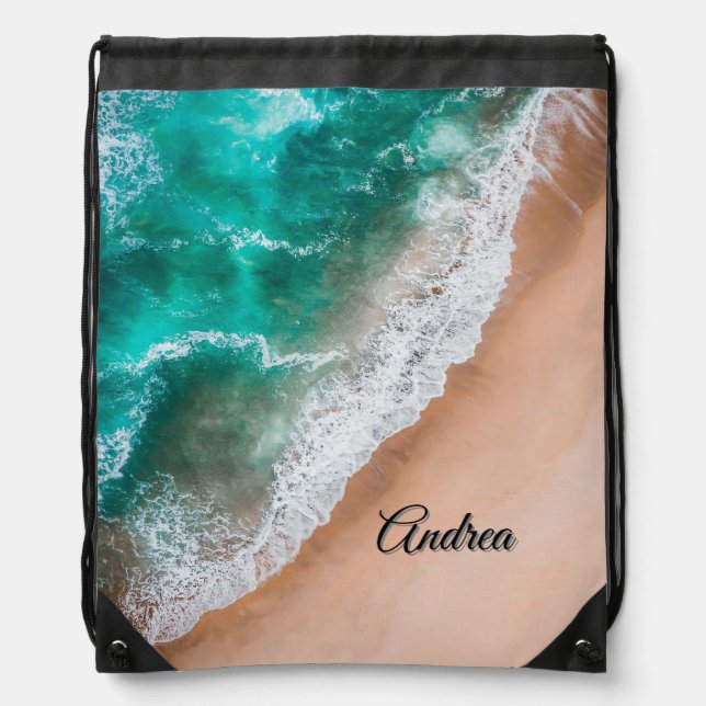 Waves on Sandy Beach Personal Drawstring Bag (Front)